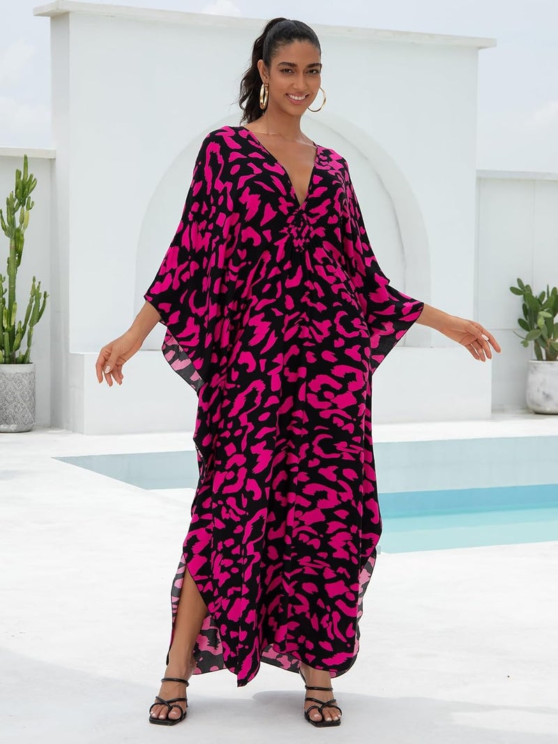 IMAGEKOPE Women's Plus Size Animal Print V-Neck Batwing Kaftan Beach Dress Bathing Suit Cover-Up Loungewear - Image 4